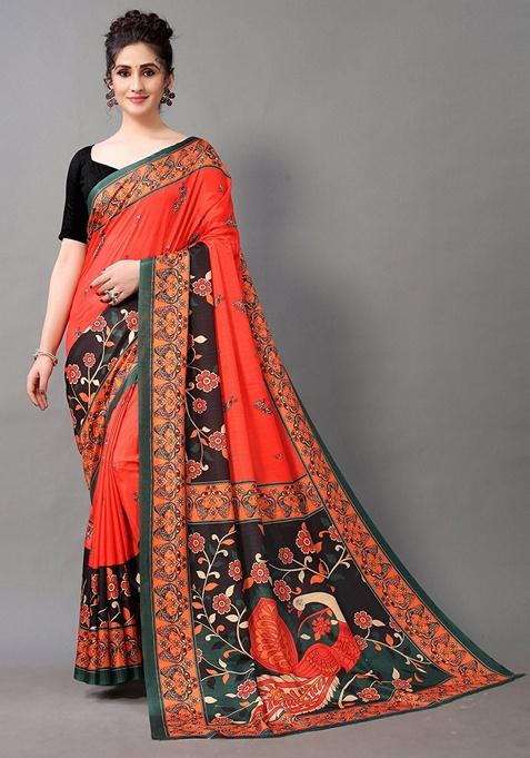 Red Ethnic Motifs Print Brasso Saree Set