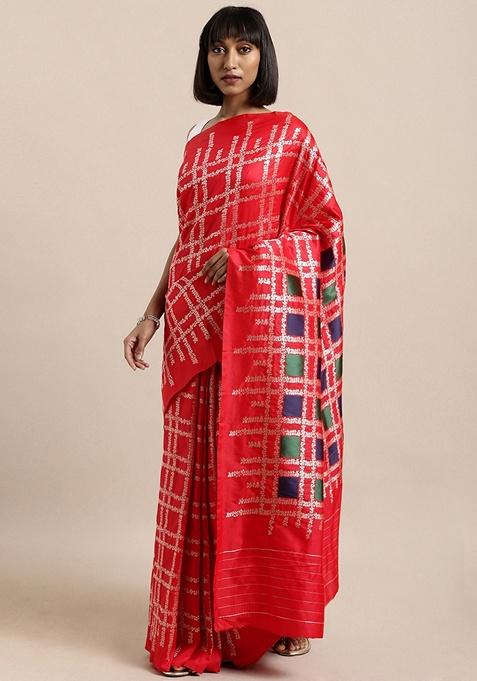 Red Checked Silk Blend Saree Set