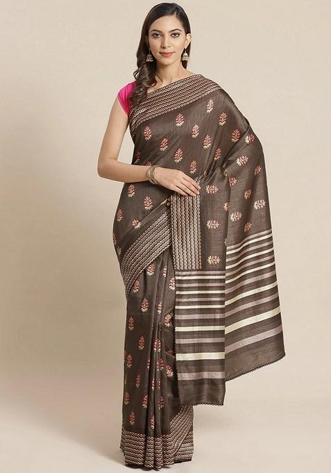 Brown Floral Art Silk Saree Set