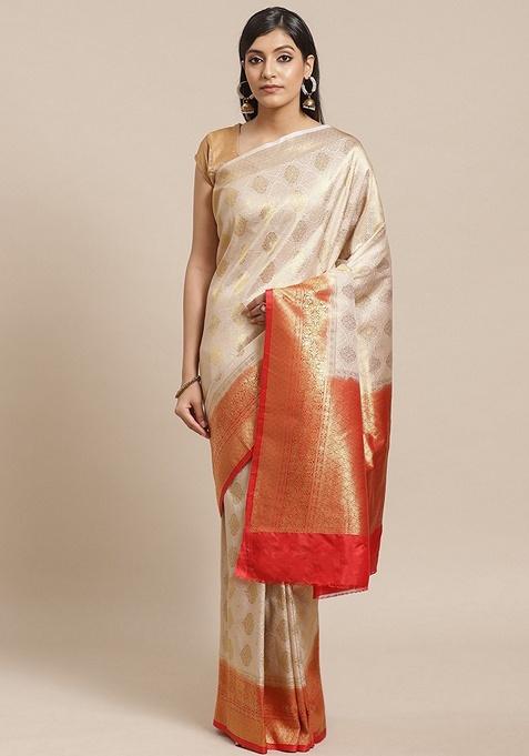 Beige Ethnic Motifs Print Silk Blend Saree Set