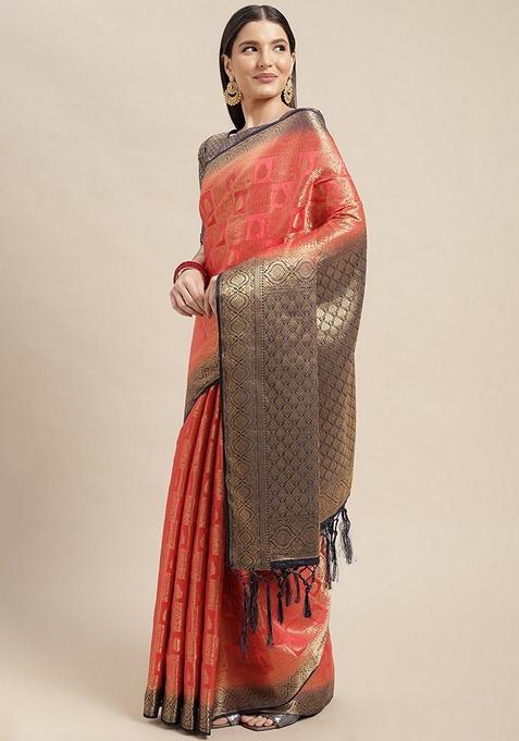 Peach Ethnic Motifs Print Silk Blend Saree Set