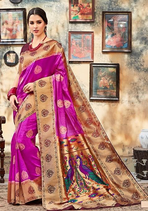 Pink Ethnic Motifs Print Silk Blend Saree Set