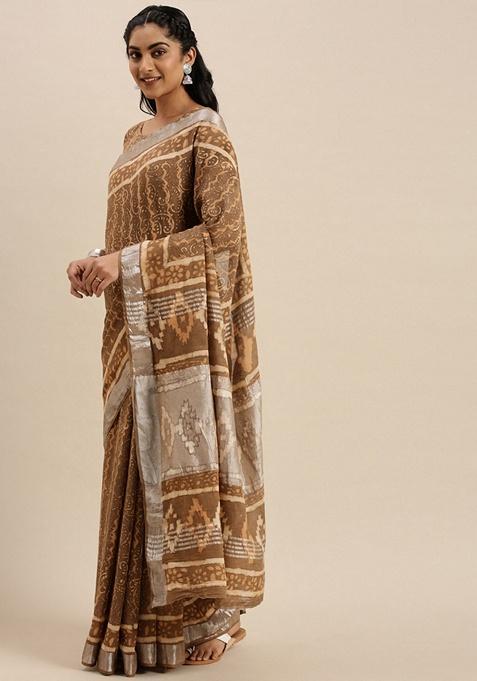 Brown Ethnic Motifs Print Linen Cotton Saree Set