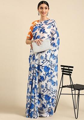 Blue Floral Georgette Saree Set