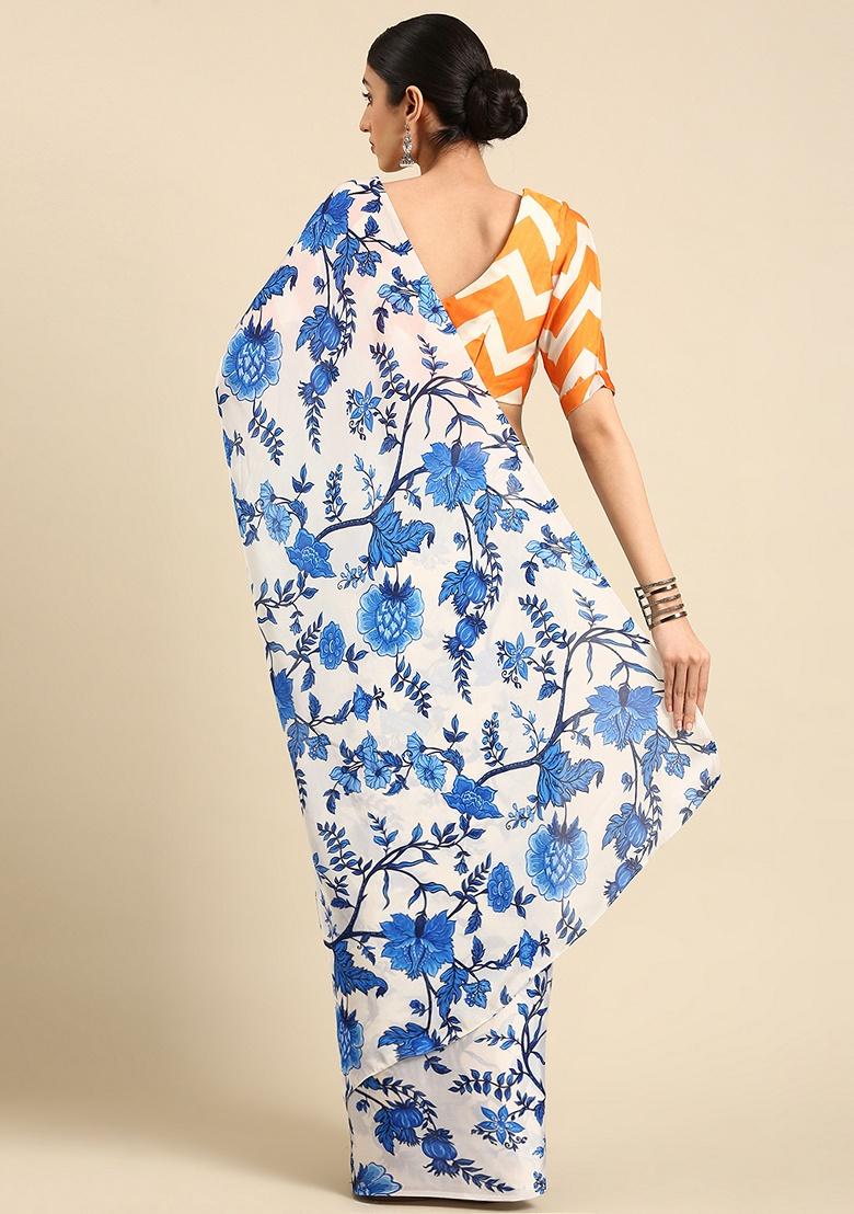 Blue Floral Georgette Saree Set - Indya