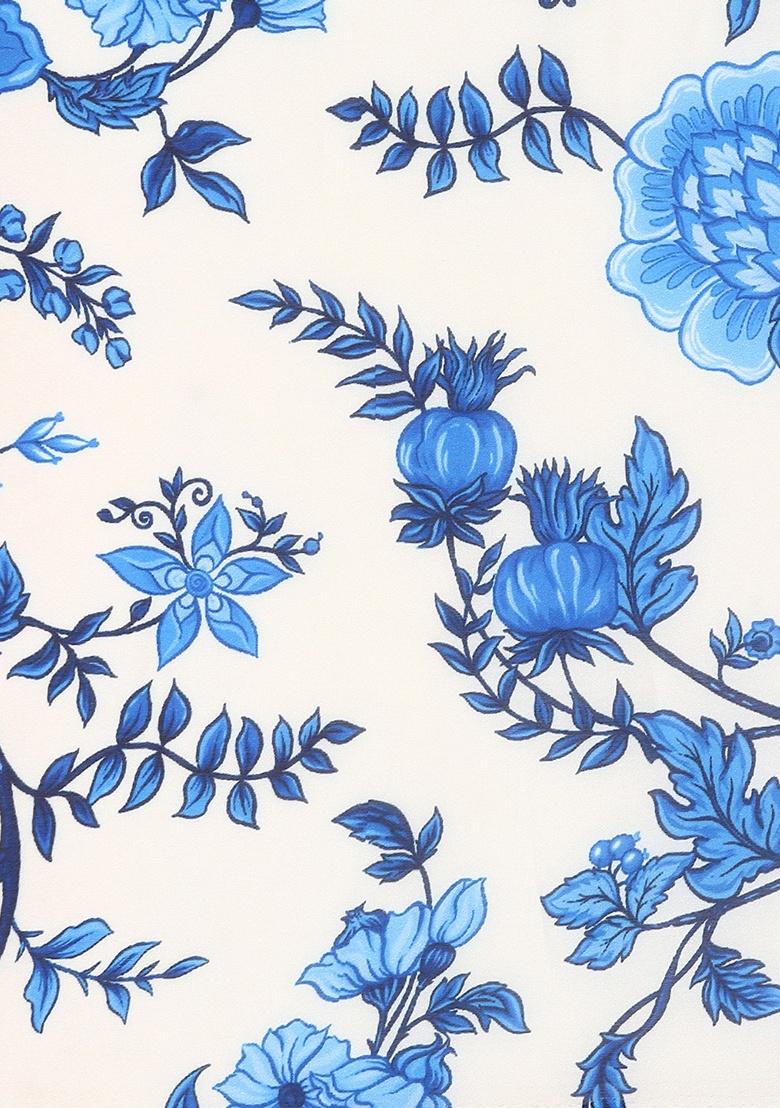 Blue Floral Georgette Saree Set - Indya