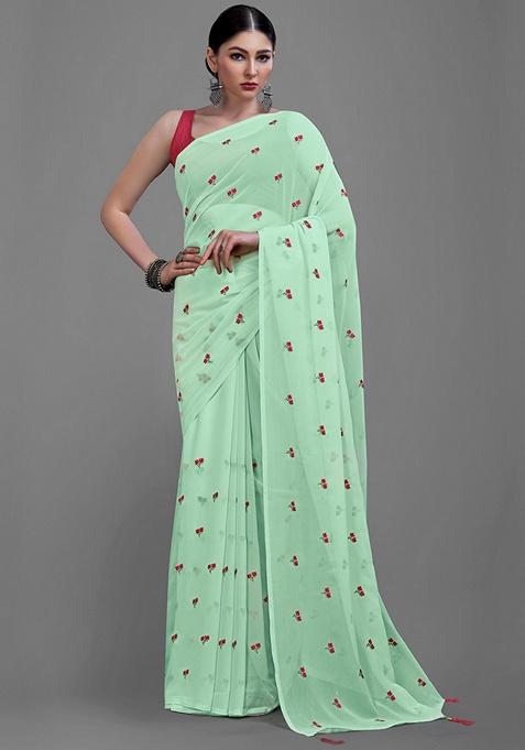 Pista Green Floral Poly Georgette Saree Set