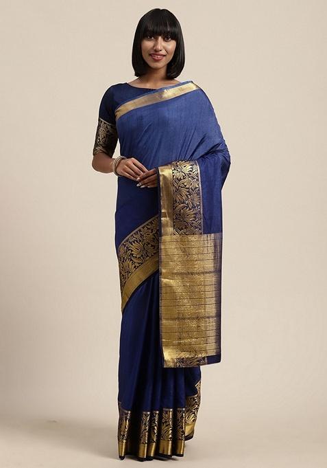 Navy Blue Solid Silk Blend Saree Set