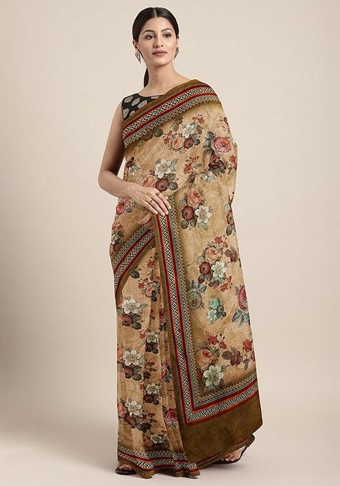 Beige Floral Silk Blend Saree Set