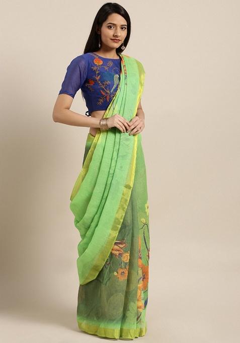 Green Floral Pure Linen Saree Set