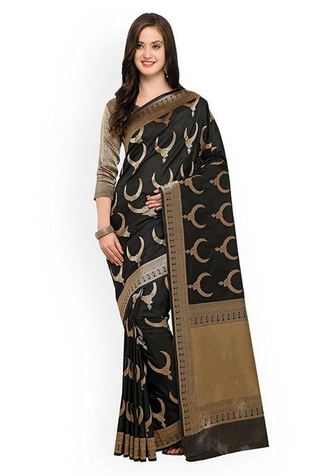 Black Geometric Silk Blend Saree Set