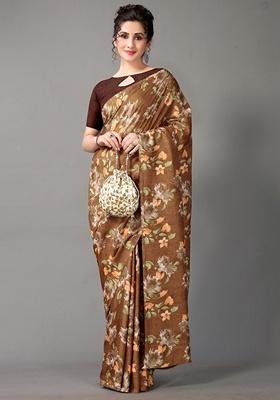 Brown Floral Art Silk Saree Set