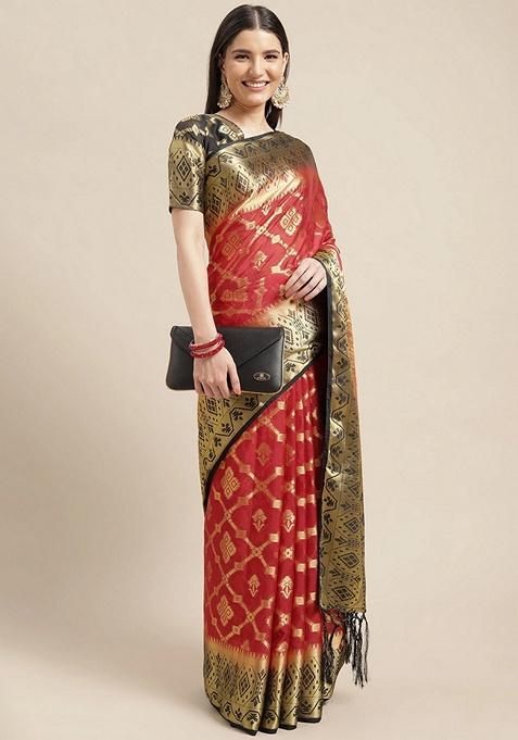 Maroon Woven Design Silk Blend Saree Set