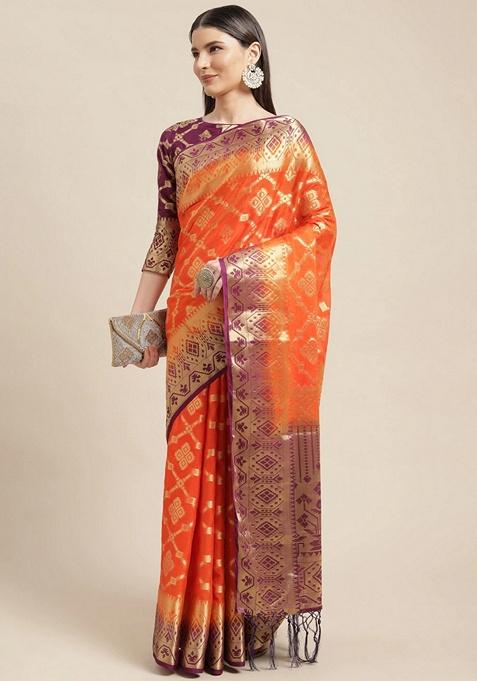 Orange Ethnic Motifs Print Silk Blend Saree Set