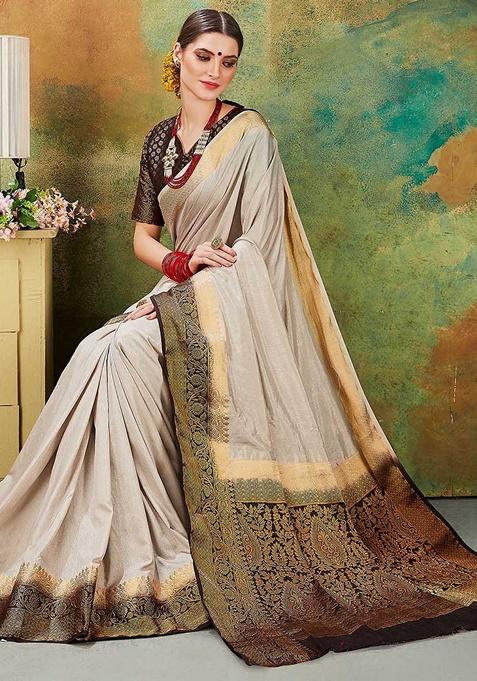 Grey Woven Design Silk Blend Saree Set