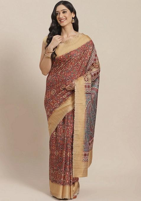 MultiColour Ethnic Motifs Print Silk Blend Saree Set