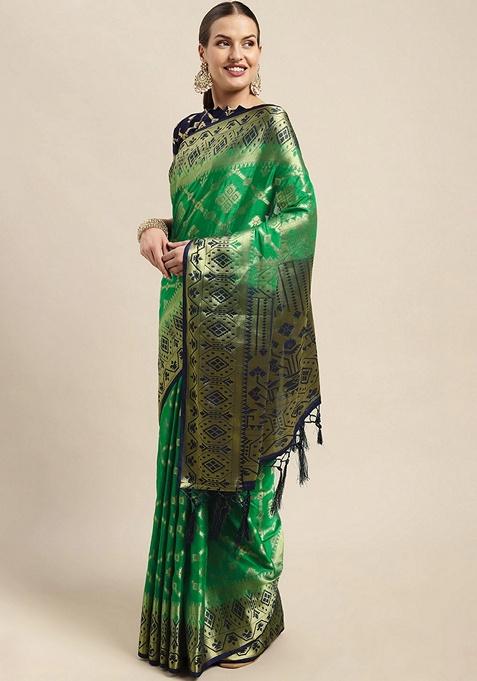 Green Woven Design Silk Blend Saree Set