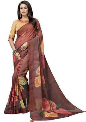 Brown Floral Linen Blend Saree Set