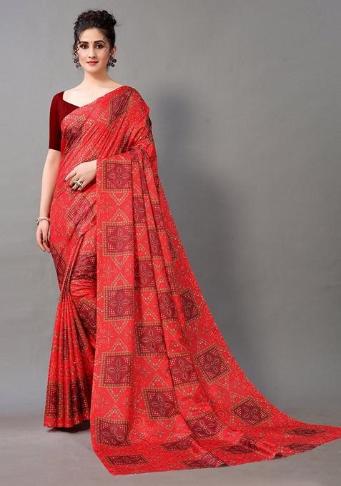Red Bandhani Print Brasso Saree Set