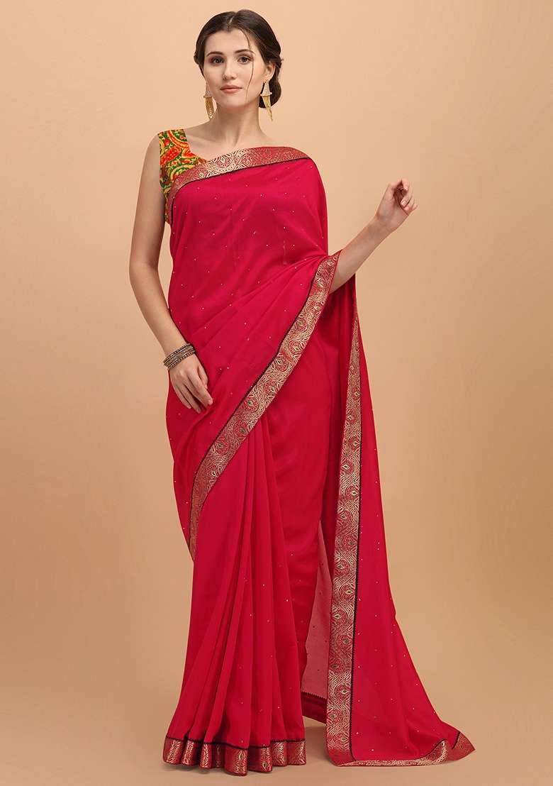 Pink Solid Art Silk Saree Set - Indya