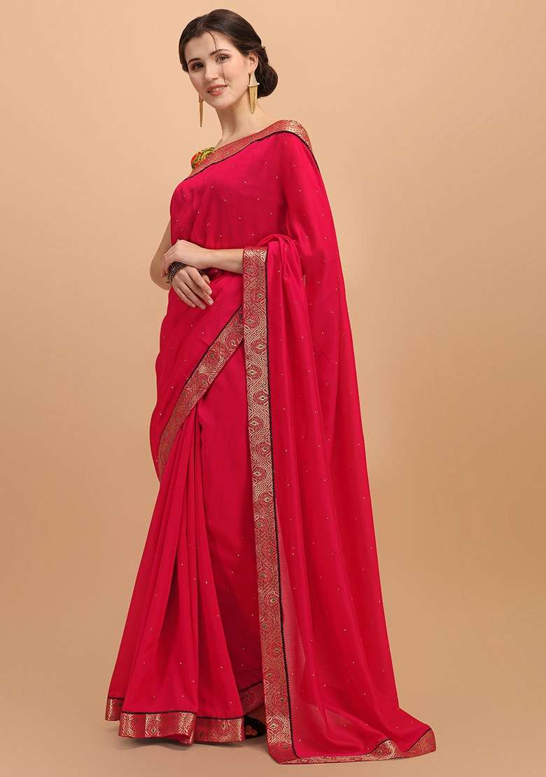 Pink Solid Art Silk Saree Set - Indya