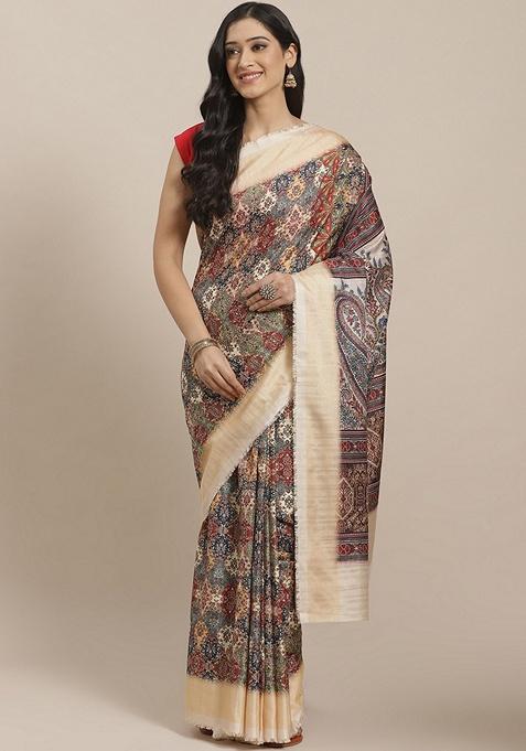 Multicolour Ethnic Motifs Print Silk Blend Saree Set