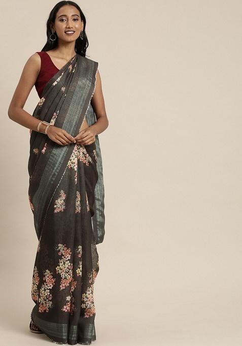 Brown Floral Linen Blend Saree Set