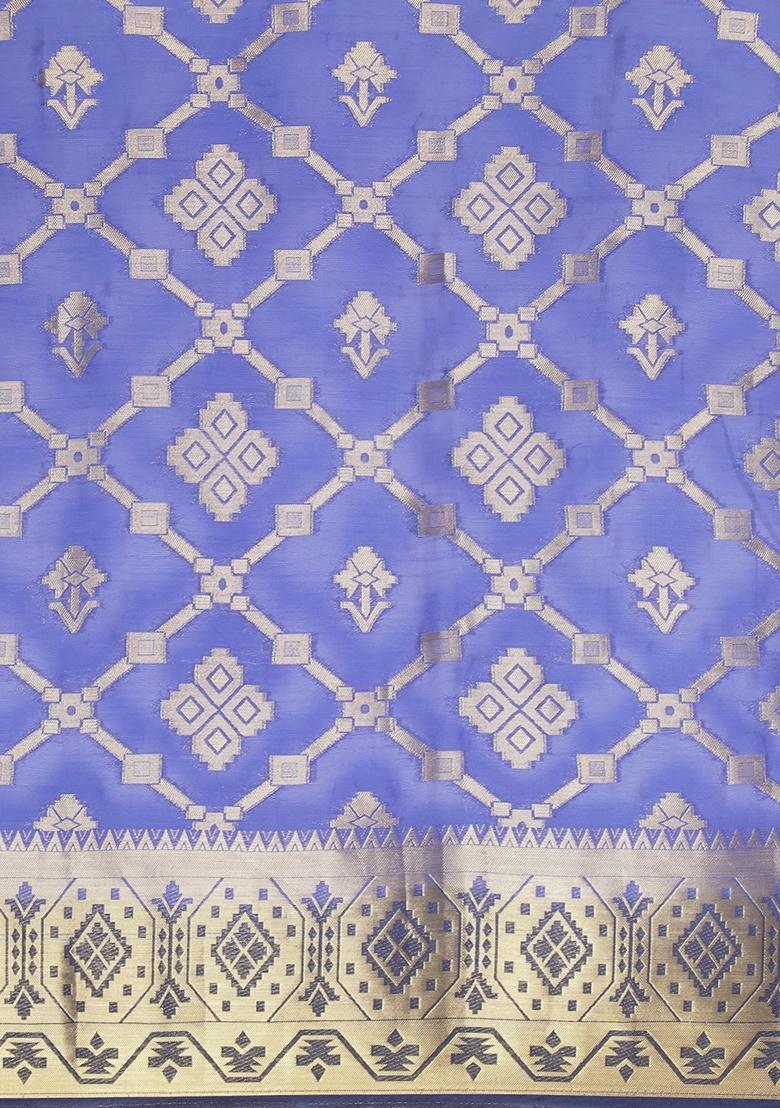 Navy Blue Woven Design Silk Blend Saree Set - Indya