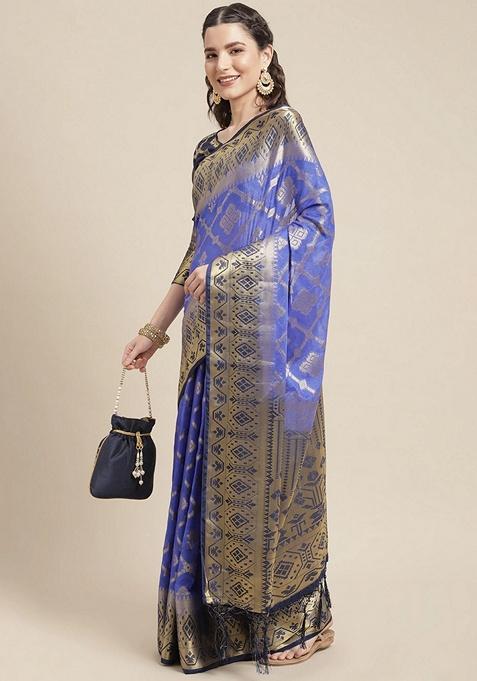 Navy Blue Woven Design Silk Blend Saree Set