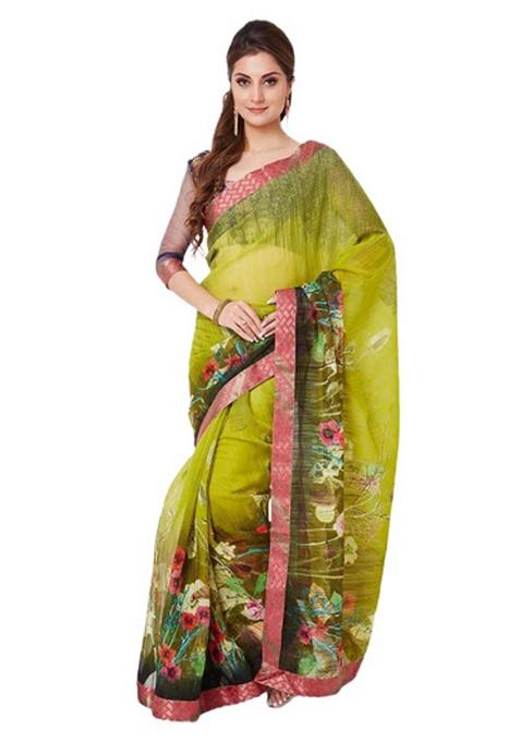 Olive Floral Poly Georgette Saree Set