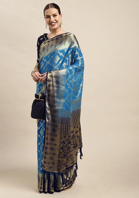 Blue Woven Design Silk Blend Saree Set