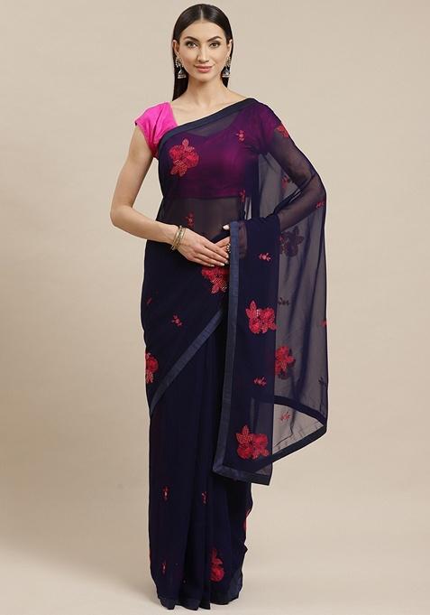 Navy Blue Embroidered Georgette Saree Set