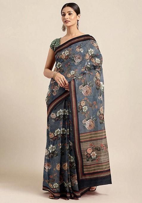 Grey Floral Silk Blend Saree Set