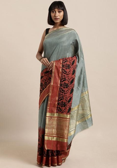 Grey Woven Design Art Silk Saree Set