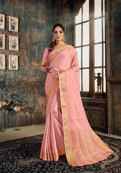 Pink Stripe Silk Blend Saree Set