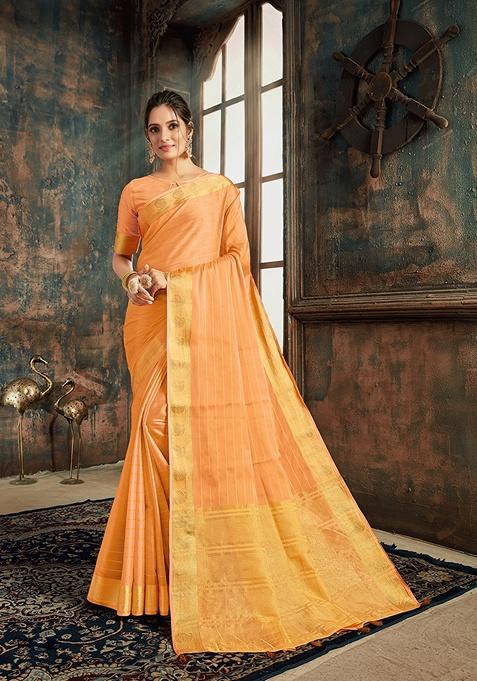 Peach Floral Silk Blend Saree Set