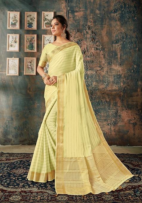 Yellow Floral Silk Blend Saree Set