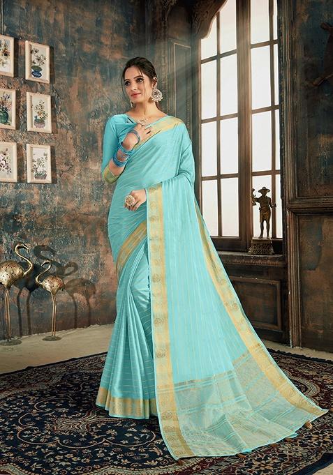 Blue Stripe Silk Blend Saree Set