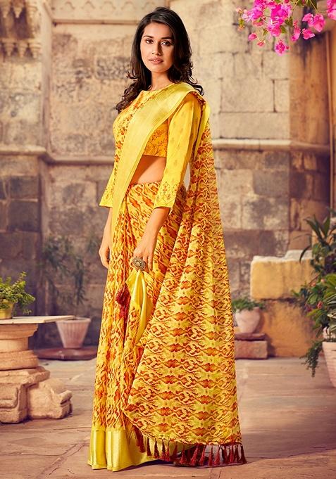 Yellow Abstract Georgette Saree Set