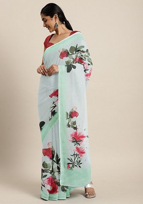 Green Floral Organza Saree Set