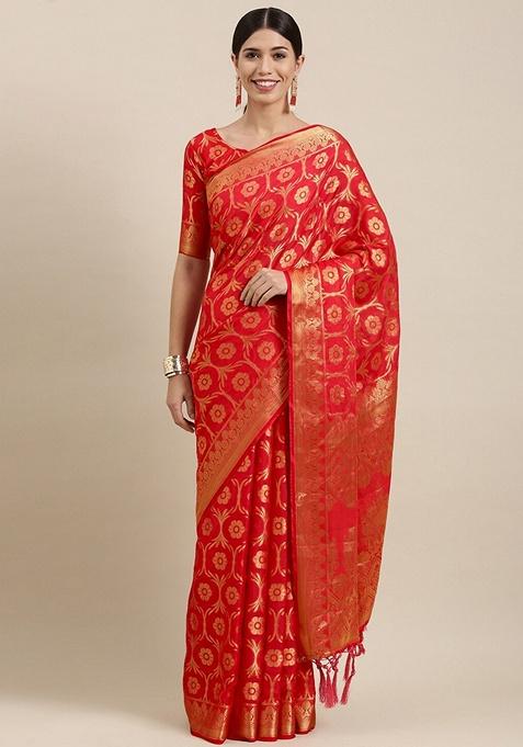 Pink Woven Design Silk Blend Saree Set