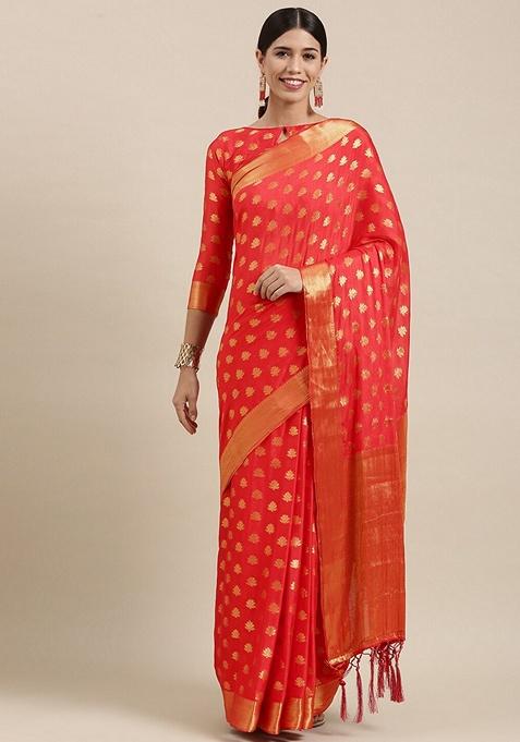 Red Woven Design Silk Blend Saree Set