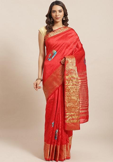 Red Bandhani Print Silk Blend Saree Set