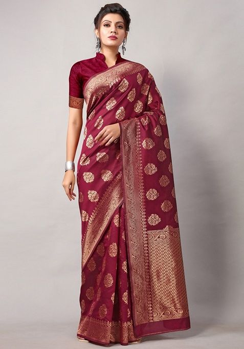 Maroon Ethnic Motifs Print Silk Blend Saree Set