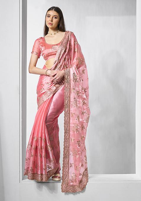 Pink Embroidered Organza Saree Set