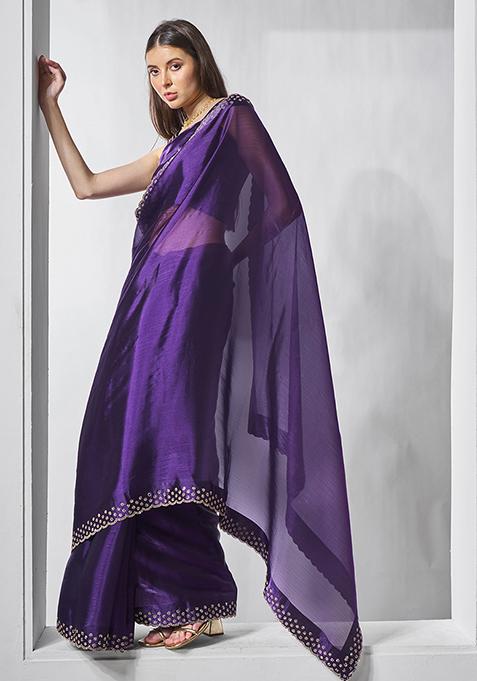 Purple Embellished Organza Saree Set