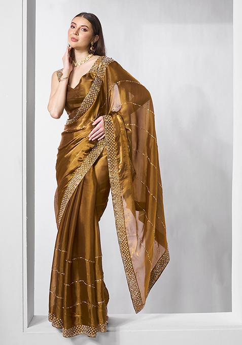 Mustard Embellished Organza Saree Set