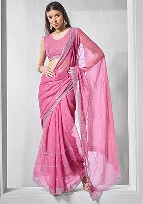 Pink Embroidered Pure Chiffon Saree Set