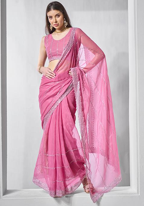 Pink Embroidered Pure Chiffon Saree Set