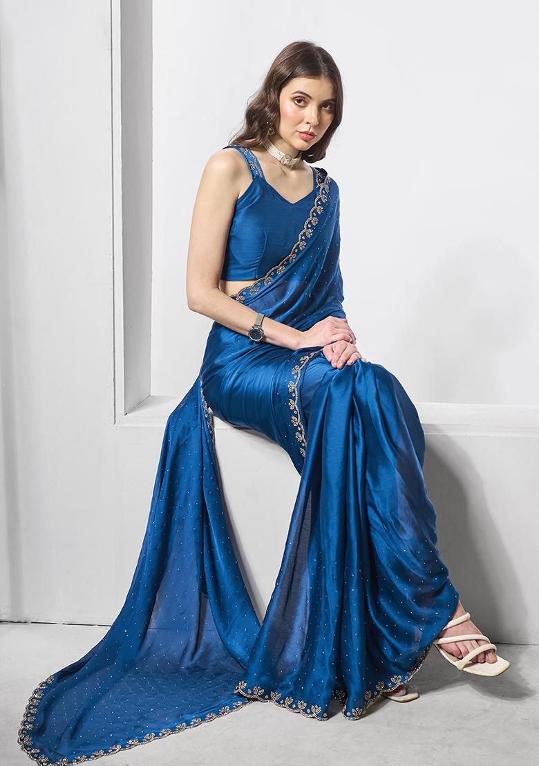 Teal Blue Embellished Satin Saree Set